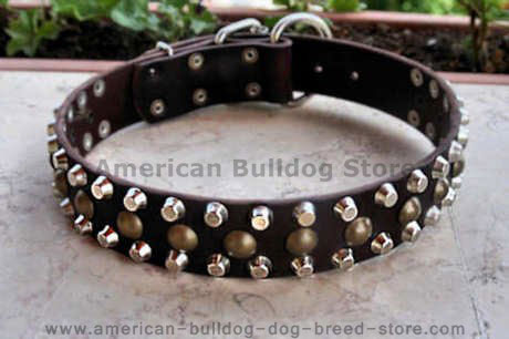 3 Rows Leather Dog Collar &Pyramids & Studs-Stud dog collar