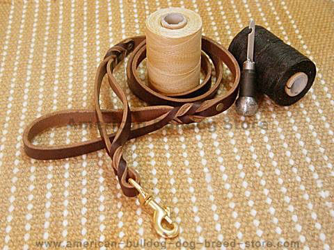 Leather dog leash with extra handle for American bulldog 