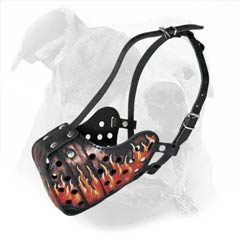 Hand-painted with flames leather muzzle for American Bulldog