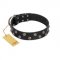 "Power-Flower" FDT Artisan Black Leather American Bulldog Collar with Two Rows of Silver-like Studs with Engraved Flowers