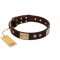 "Middle Age" FDT Artisan Brown Leather American Bulldog Collar with Old Bronze-Plated Engraved Flowers and Large Plates