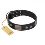"Square Stars" Modern FDT Artisan Black Leather American Bulldog Collar with Square Plates and Studs