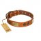 "Bronze Century" FDT Artisan Tan Leather American Bulldog Collar with Plates and Brooches with Cool Ornament