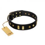 "De Luxe" FDT Artisan Black Leather American Bulldog Collar with Old Bronze-like Plates and Studs
