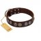"Treasure Hunter" FDT Artisan Brown Leather American Bulldog Collar with Old-Bronze-like and Silvery Medallions