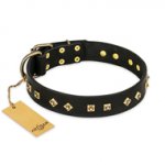 "Rhomb Style" FDT Artisan Decorated Leather American Bulldog Collar with Old Bronze-Plated Studs 1 1/2 inch (40 mm) Wide
