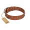 "Waltz of the Flowers" Handmade FDT Artisan Tan Leather American Bulldog Collar with Chrome-plated Engraved Studs