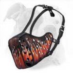 Gorgeous Hand-Painted Leather Muzzle for Attack/Agitation Training - "Flamy" Wearing Every Day