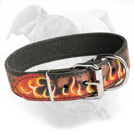 Leather Dog Collar Handpainted in Flames for American Bulldog Wallking and Training