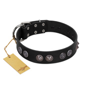 "Silver Medallions" Mod FDT Artisan Black Leather American Bulldog Collar with Round Plates