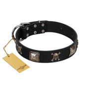 "Sea Rover" Embellished FDT Artisan Black Leather American Bulldog Collar with Chrome Plated Crossbones and Plates