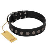 "Silent Star" Handmade FDT Artisan Designer Black Leather American Bulldog Collar with Engraved Plates