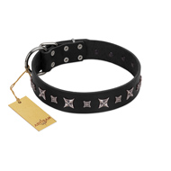 "Polar Lights" Designer FDT Artisan Black Leather American Bulldog Collar with Silver-Like Studs