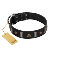 "Pirates' Symbol" Fashionable FDT Artisan Black Leather American Bulldog Collar with Silver-Like Plates and Gold-Like Skulls