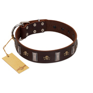 "War Chief" FDT Artisan Genuine Brown Leather American Bulldog Collar with Skulls and Plates