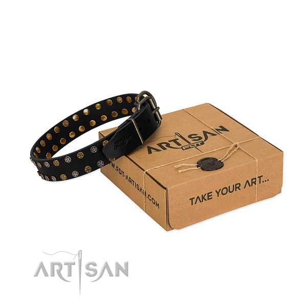 Remarkable leather dog collar with corrosion resistant embellishments