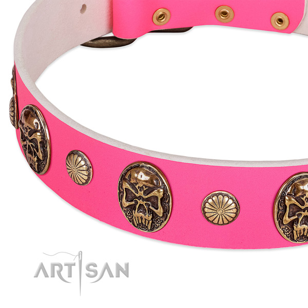 Strong fittings on natural genuine leather dog collar for your four-legged friend