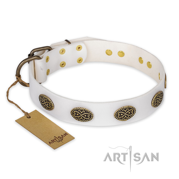 Designer leather dog collar with rust-proof fittings