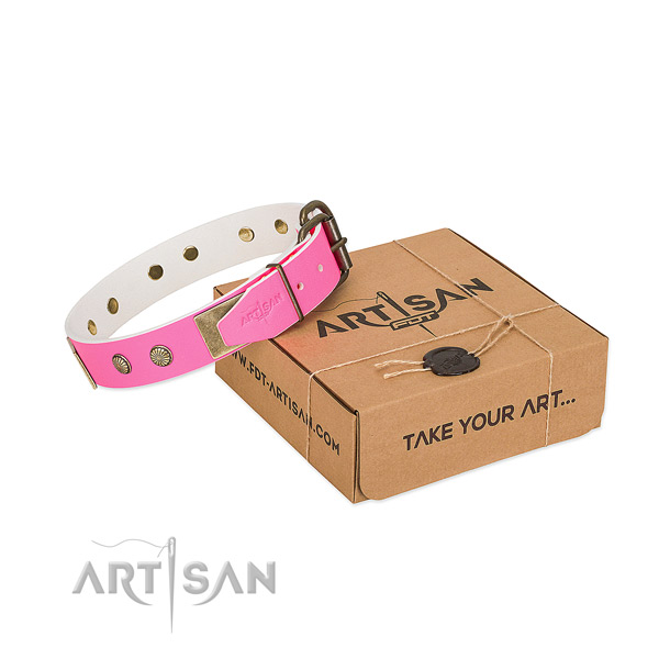 Rust resispinkt adornments on dog collar for handy use