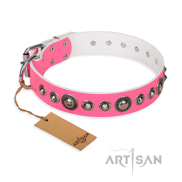 Leather dog collar made of flexible material with strong fittings