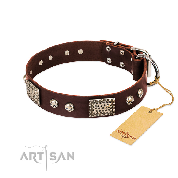 Adjustable natural genuine leather dog collar for walking your doggie