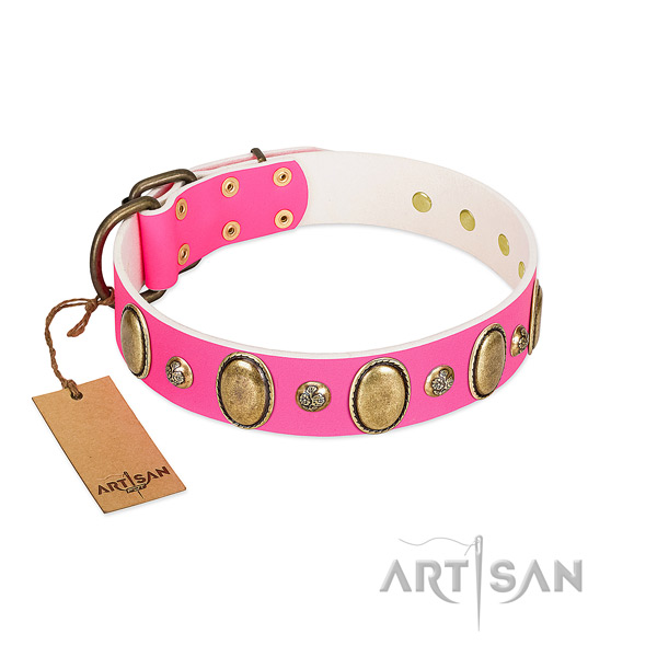 Easy wearing reliable genuine leather dog collar with decorations
