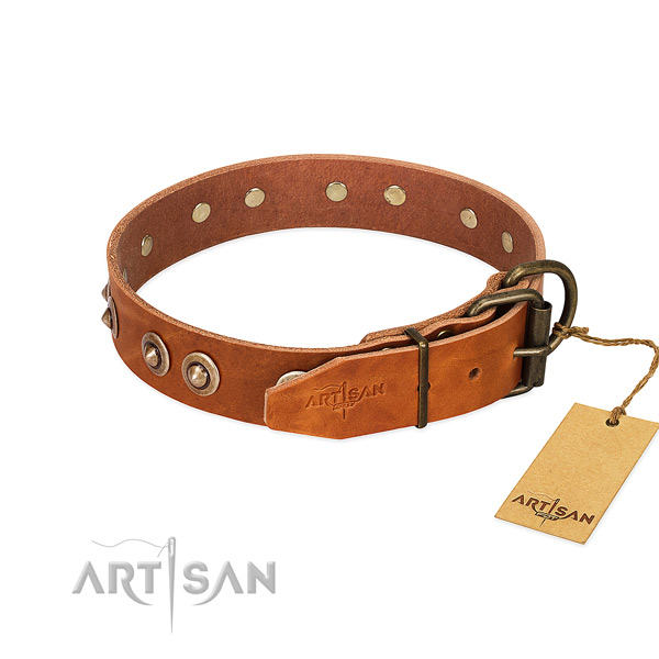 Durable D-ring on full grain leather dog collar for your dog