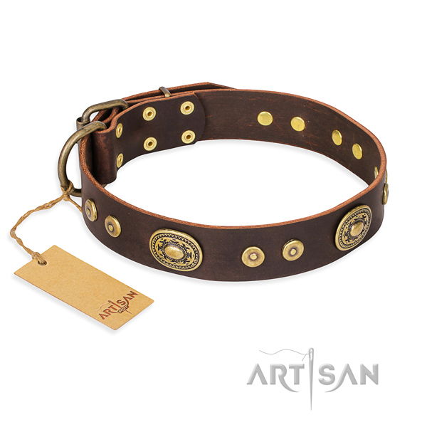 Full grain genuine leather dog collar made of quality material with rust-proof hardware