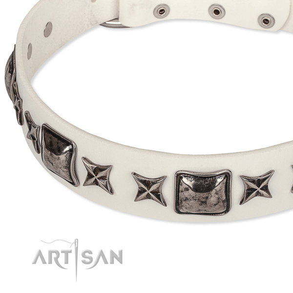 Easy wearing embellished dog collar of strong full grain genuine leather