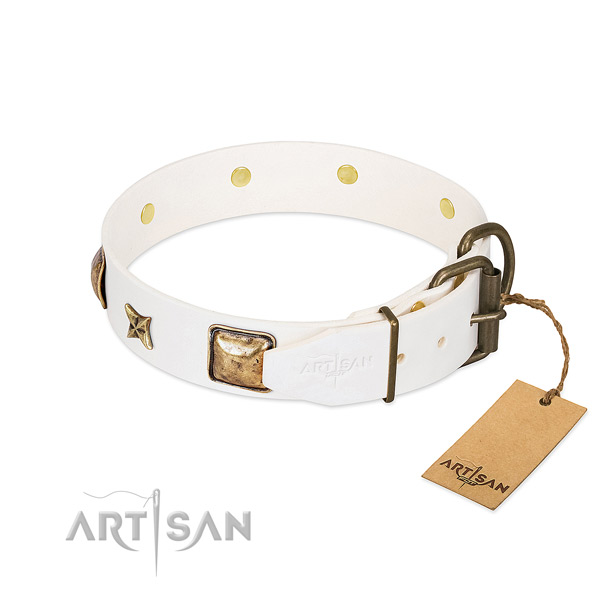 Genuine leather dog collar with corrosion proof D-ring and decorations