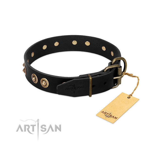 Rust resistant embellishments on natural genuine leather dog collar for your dog