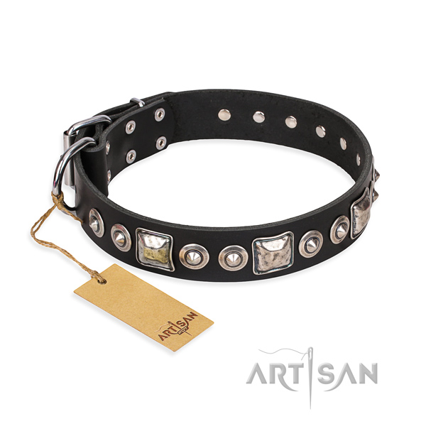 Full grain leather dog collar made of gentle to touch material with strong fittings