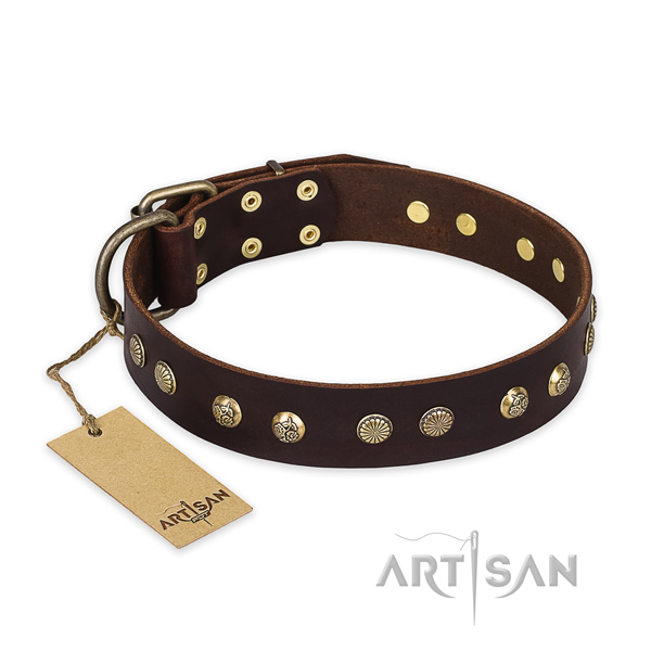Easy to adjust full grain genuine leather dog collar with strong buckle