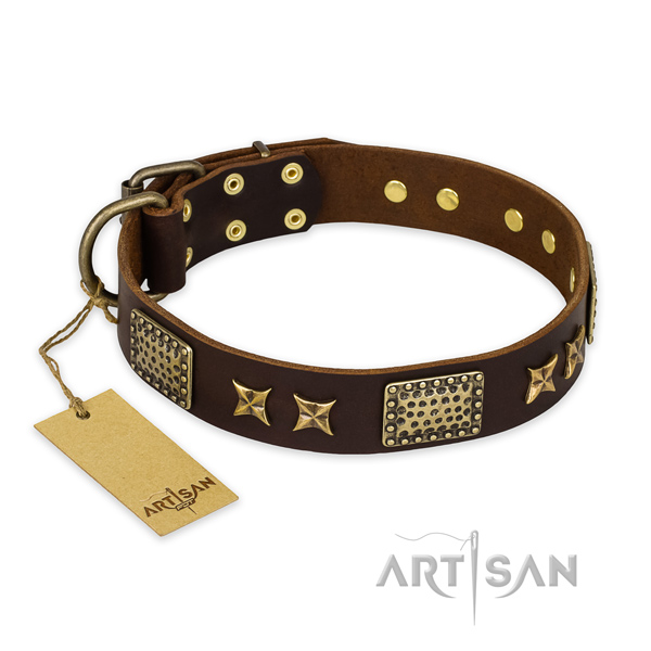 Stylish design genuine leather dog collar with rust resistant hardware