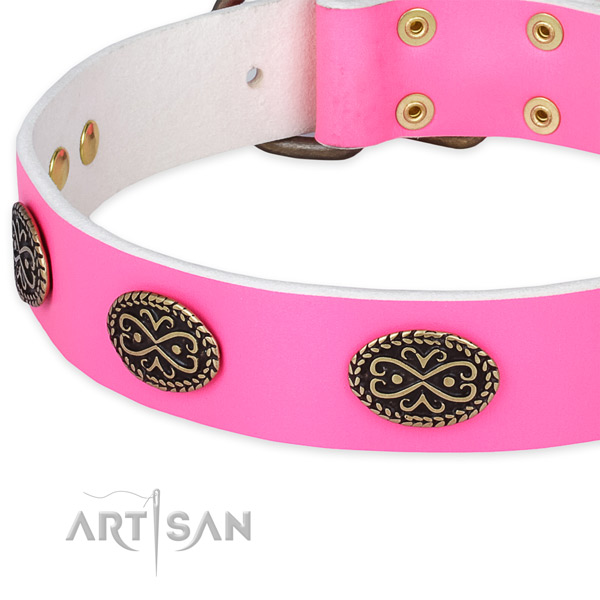 Full grain genuine leather dog collar with adornments for easy wearing
