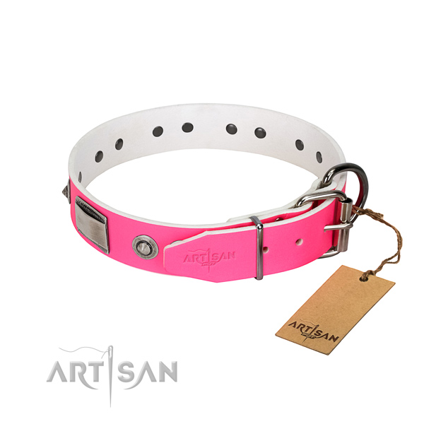 Adjustable dog collar of full grain genuine leather with embellishments
