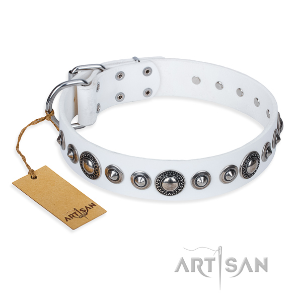 Natural genuine leather dog collar made of gentle to touch material with durable D-ring