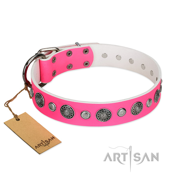 Reliable full grain genuine leather dog collar with corrosion proof hardware