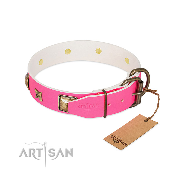 Strong buckle on full grain natural leather collar for fancy walking your four-legged friend