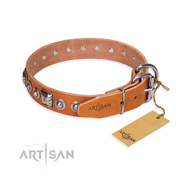 Natural genuine leather dog collar made of reliable material with rust-proof decorations