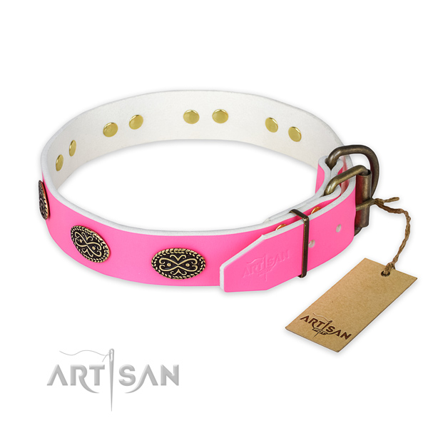 Corrosion resistant embellishments on comfortable wearing dog collar