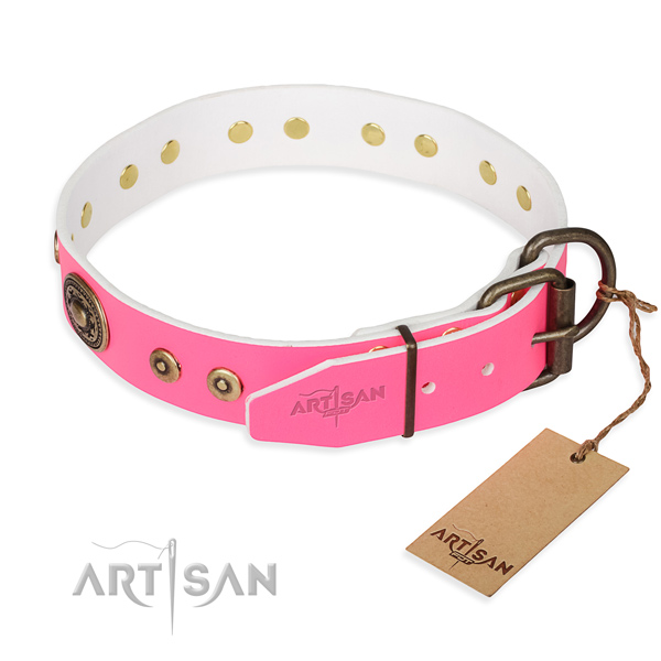 Full grain natural leather dog collar made of quality material with rust resistant adornments