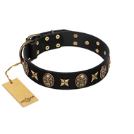"Starry Saga" FDT Artisan Black Leather American Bulldog Collar with Stars and Skulls