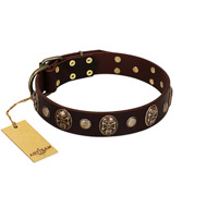 "Snazzy Paws" FDT Artisan Brown Leather American Bulldog Collar Adorned with Conchos and Medallions