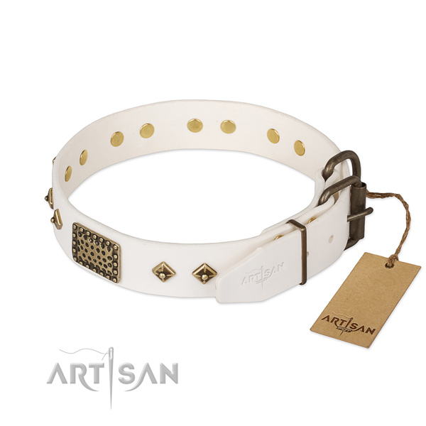 Genuine leather dog collar with rust resistant buckle and embellishments