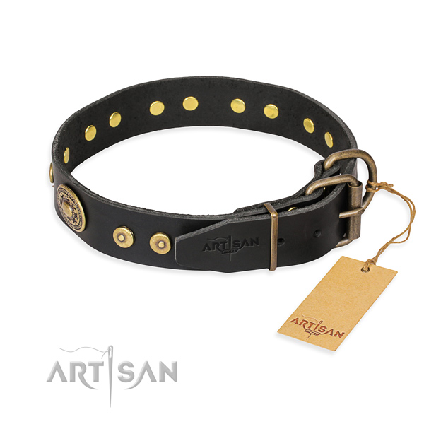 Full grain natural leather dog collar made of reliable material with rust-proof decorations