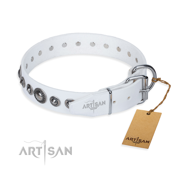 Full grain natural leather dog collar made of soft to touch material with corrosion proof studs