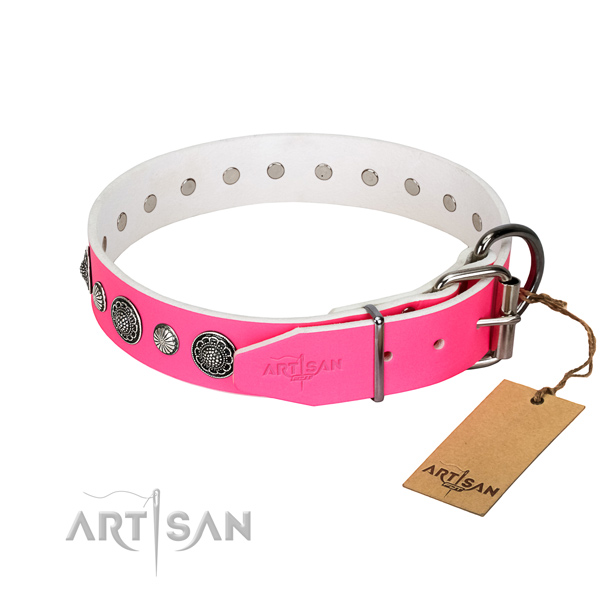 Soft natural leather dog collar with corrosion proof hardware