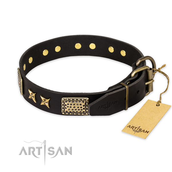 Strong buckle on natural genuine leather collar for your beautiful four-legged friend