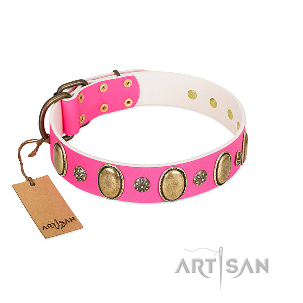 Top notch natural leather dog collar with corrosion resistant traditional buckle